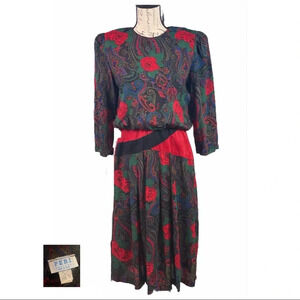 PERI VINTAGE 80s Multicolor Paisley Velvet Trim Dress